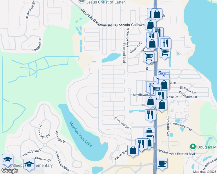 map of restaurants, bars, coffee shops, grocery stores, and more near 1624 Foxway Drive in Lakeland