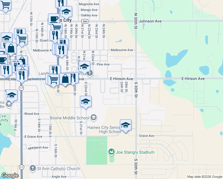 map of restaurants, bars, coffee shops, grocery stores, and more near 229 Arlington Loop in Haines City