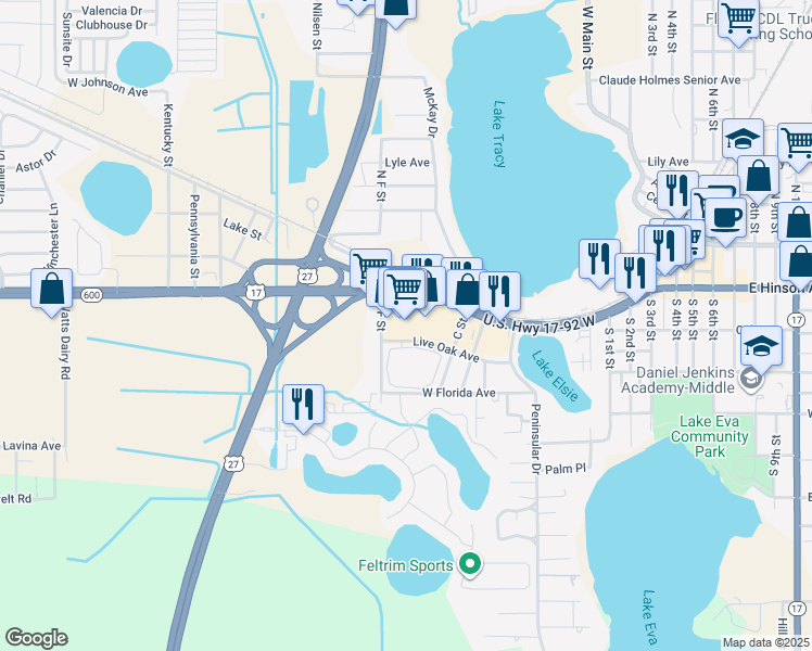 map of restaurants, bars, coffee shops, grocery stores, and more near 617 U.S. 17 in Haines City