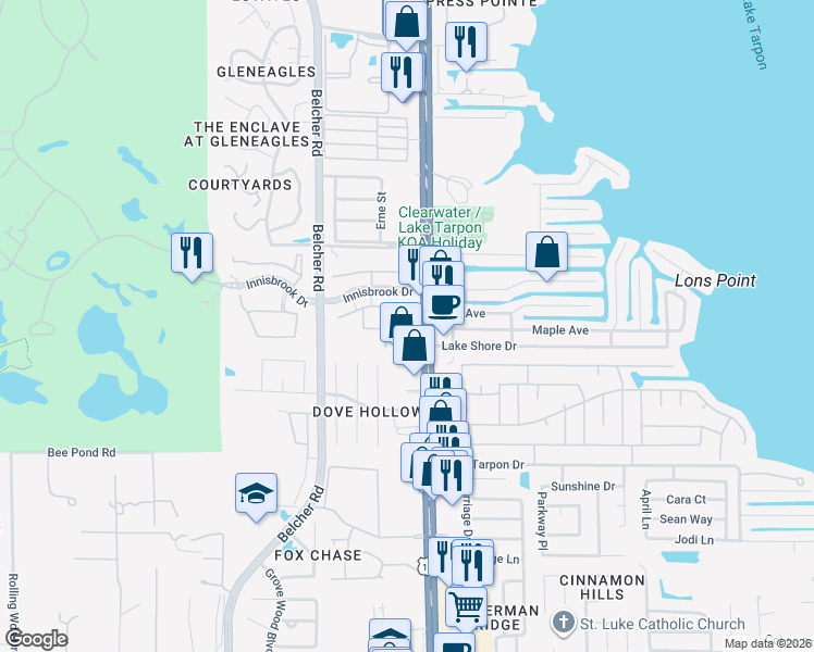 map of restaurants, bars, coffee shops, grocery stores, and more near 2471 Clubside Court in Palm Harbor