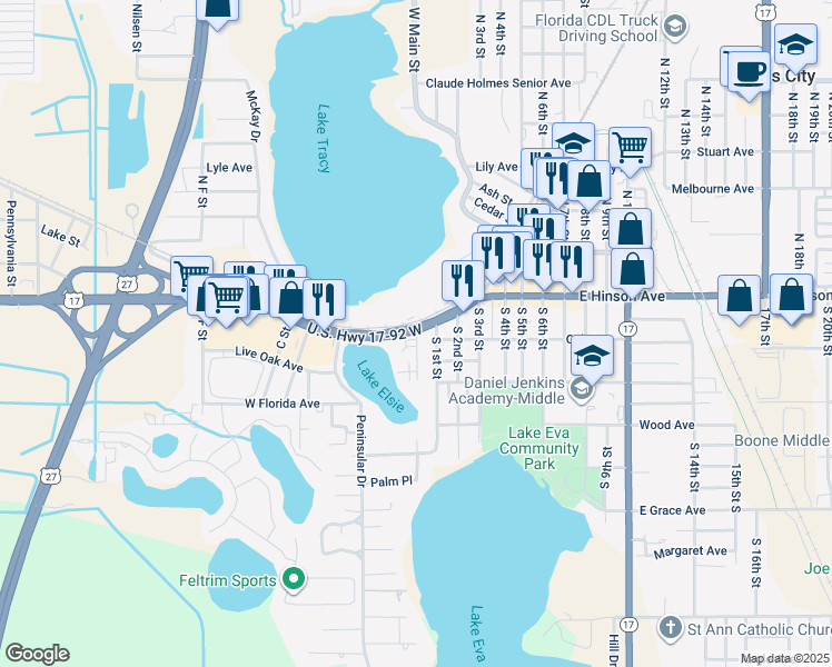 map of restaurants, bars, coffee shops, grocery stores, and more near 1970 Florida 600 in Haines City