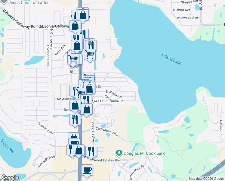 map of restaurants, bars, coffee shops, grocery stores, and more near 807 Elizabeth Lane in Lakeland