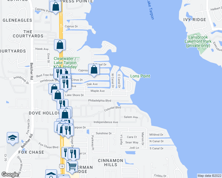 map of restaurants, bars, coffee shops, grocery stores, and more near 263 Maple Avenue in Palm Harbor