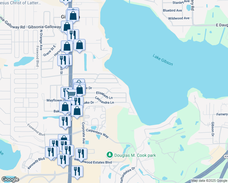 map of restaurants, bars, coffee shops, grocery stores, and more near 619 Pineridge Drive in Lakeland
