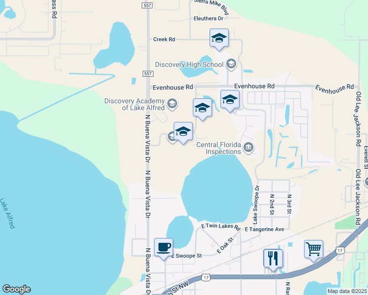 map of restaurants, bars, coffee shops, grocery stores, and more near 925 North Buena Vista Drive in Lake Alfred