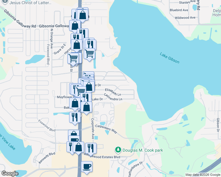 map of restaurants, bars, coffee shops, grocery stores, and more near 807 Elizabeth Lane in Lakeland