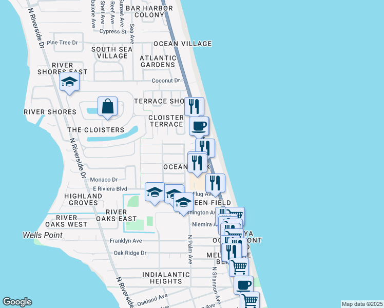 map of restaurants, bars, coffee shops, grocery stores, and more near 150 Hacienda Street in Indialantic
