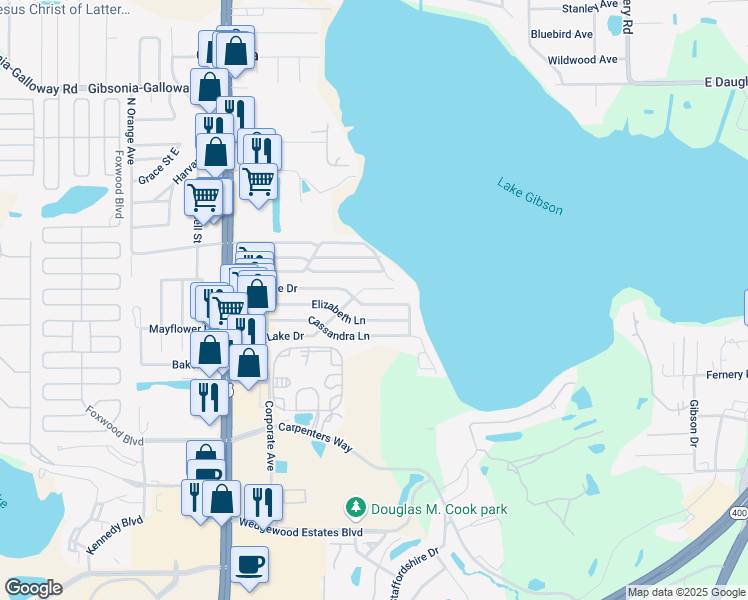 map of restaurants, bars, coffee shops, grocery stores, and more near 619 Pineridge Drive in Lakeland