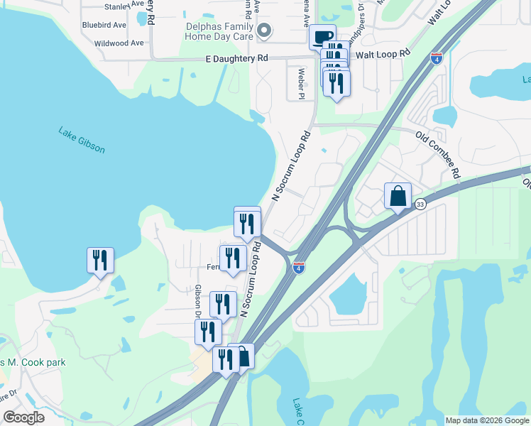 map of restaurants, bars, coffee shops, grocery stores, and more near 5018 County Road 582 in Lakeland