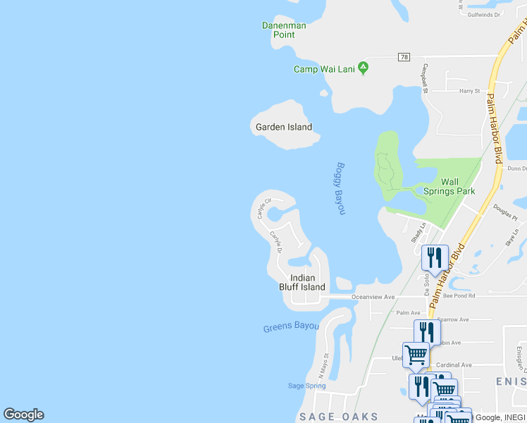 map of restaurants, bars, coffee shops, grocery stores, and more near 110 Carlyle Circle in Palm Harbor