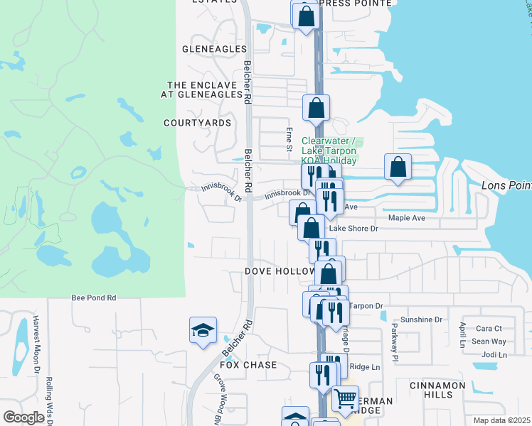 map of restaurants, bars, coffee shops, grocery stores, and more near 2332 Clubside Court in Palm Harbor
