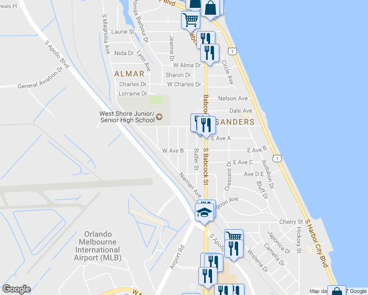 map of restaurants, bars, coffee shops, grocery stores, and more near 104 West Avenue B in Melbourne
