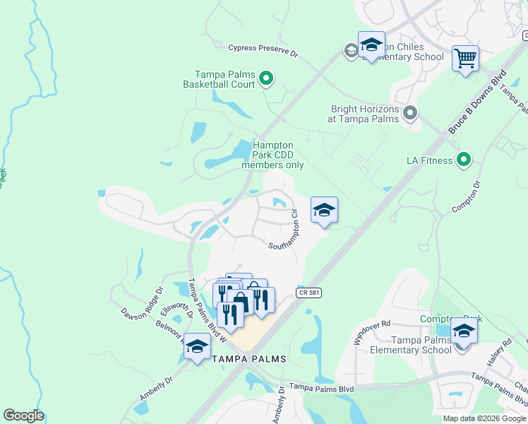 map of restaurants, bars, coffee shops, grocery stores, and more near 16013 Wilmington Place in Tampa