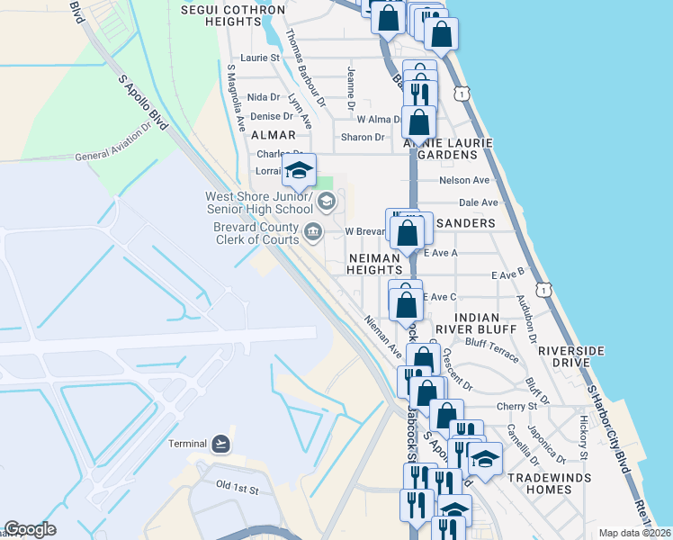 map of restaurants, bars, coffee shops, grocery stores, and more near 122 West Avenue B in Melbourne