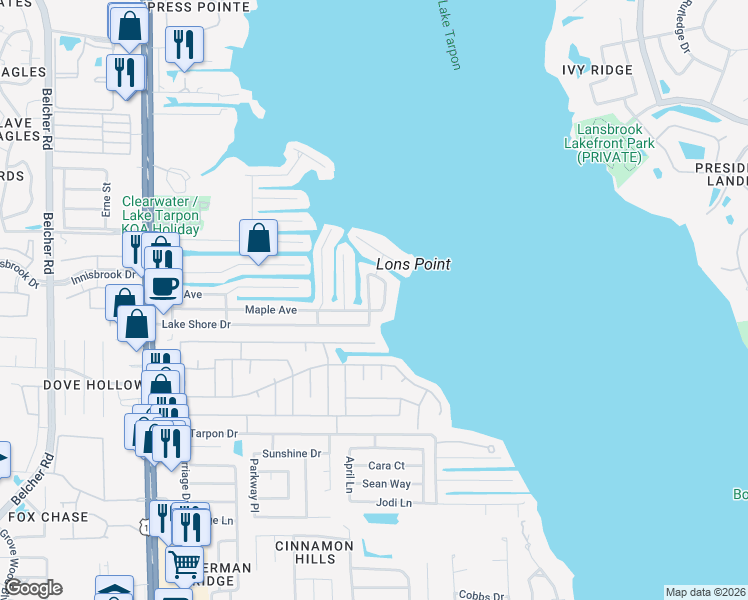 map of restaurants, bars, coffee shops, grocery stores, and more near 161 Lake Shore Drive West in Palm Harbor