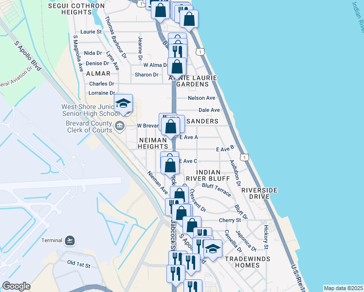 map of restaurants, bars, coffee shops, grocery stores, and more near 26 East Avenue B in Melbourne