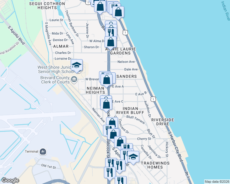 map of restaurants, bars, coffee shops, grocery stores, and more near 20 East Avenue B in Melbourne