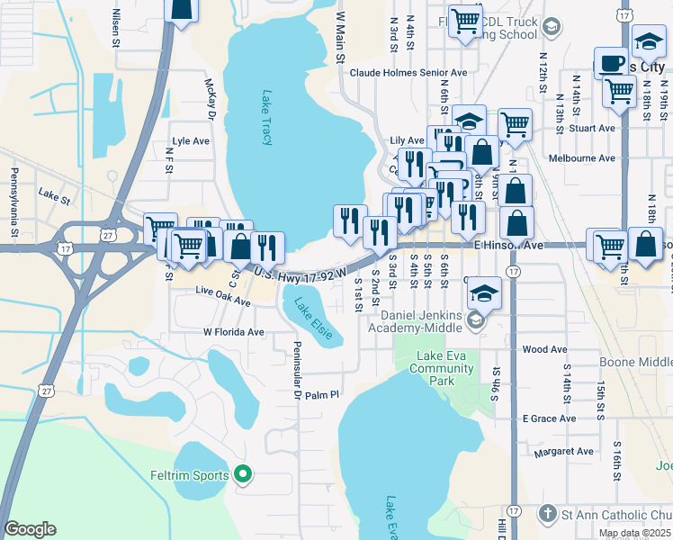 map of restaurants, bars, coffee shops, grocery stores, and more near 1970 Florida 600 in Haines City