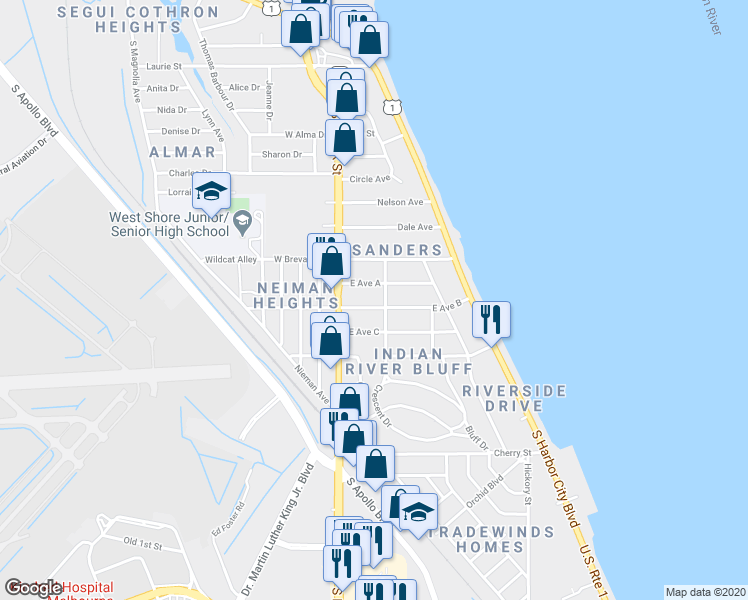 map of restaurants, bars, coffee shops, grocery stores, and more near 26 East Avenue B in Melbourne