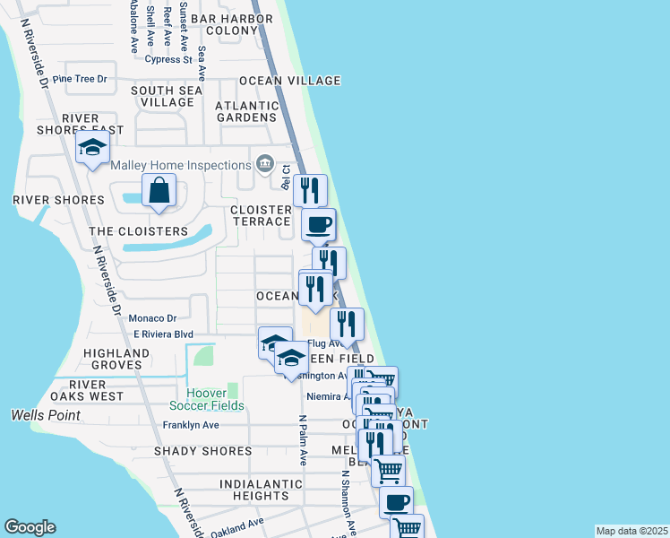 map of restaurants, bars, coffee shops, grocery stores, and more near 1345 North Highway A1A in Indialantic