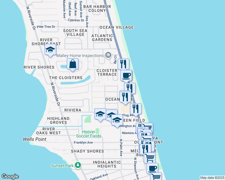 map of restaurants, bars, coffee shops, grocery stores, and more near 220 Avenue Del Sol in Indialantic