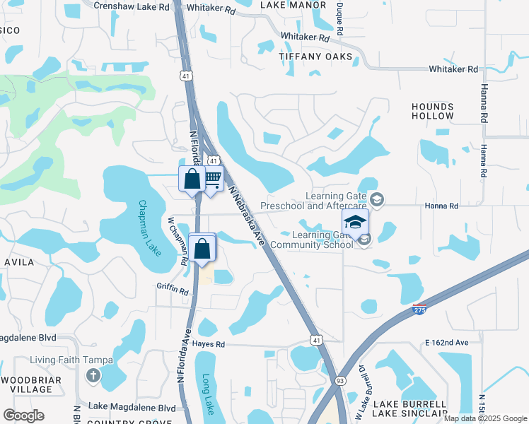 map of restaurants, bars, coffee shops, grocery stores, and more near 414 East Chapman Road in Lutz