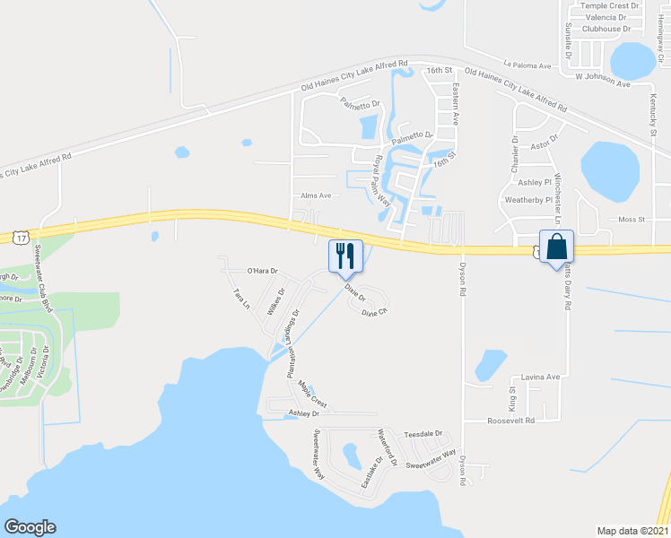 map of restaurants, bars, coffee shops, grocery stores, and more near 227 Butler Boulevard in Haines City