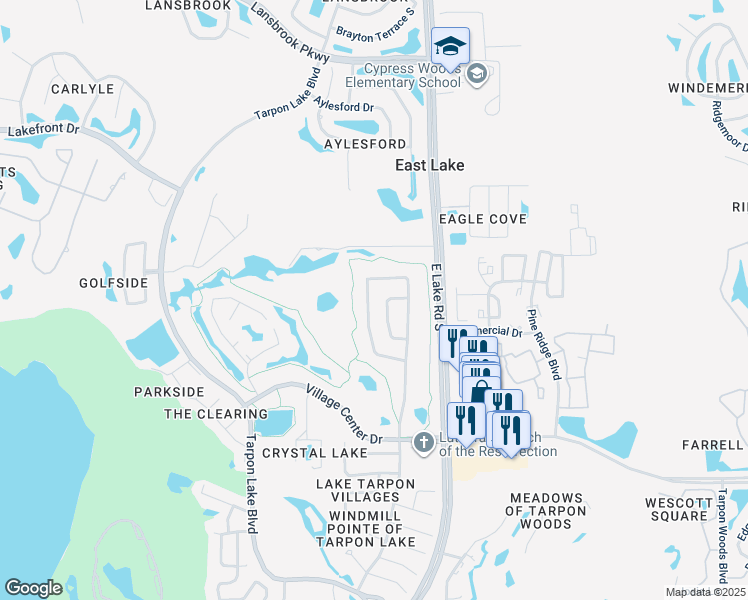 map of restaurants, bars, coffee shops, grocery stores, and more near 3580 Fairway Forest Drive in Palm Harbor
