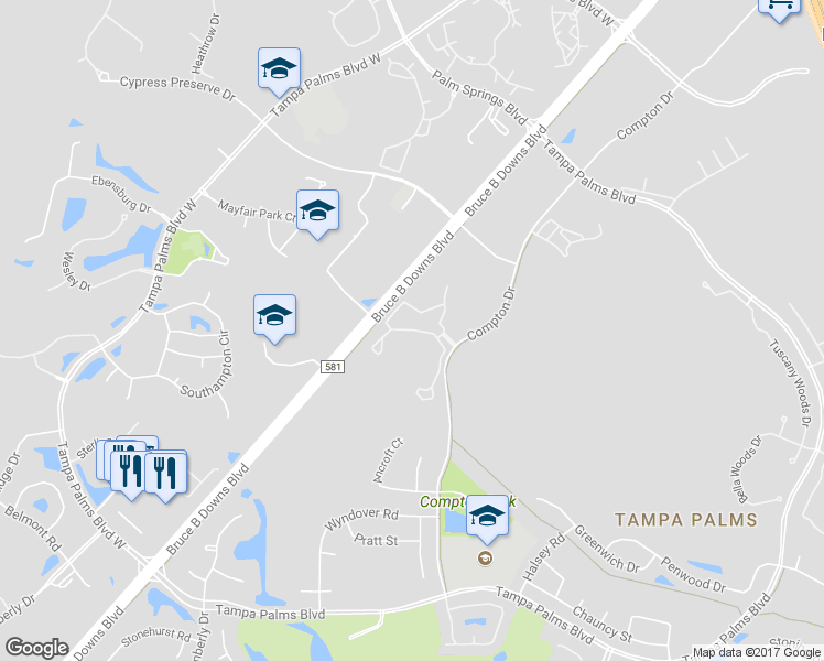 map of restaurants, bars, coffee shops, grocery stores, and more near Compton Palms Drive in Tampa