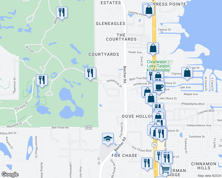 map of restaurants, bars, coffee shops, grocery stores, and more near 2161 Chianti Place in Palm Harbor