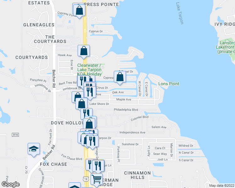 map of restaurants, bars, coffee shops, grocery stores, and more near 28 Oak Avenue in Palm Harbor