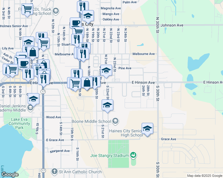map of restaurants, bars, coffee shops, grocery stores, and more near 25 South 22nd Street in Haines City