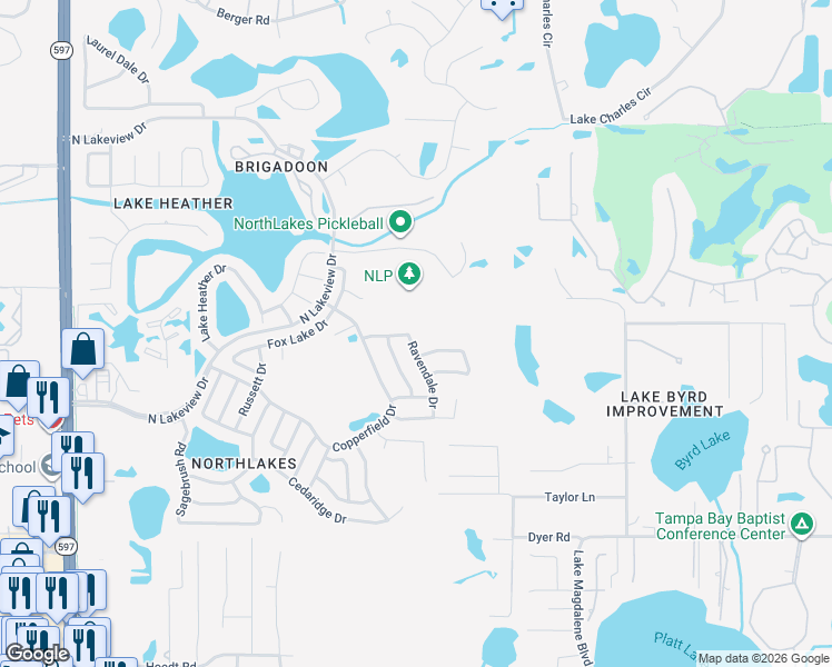 map of restaurants, bars, coffee shops, grocery stores, and more near 16133 Ravendale Drive in Tampa