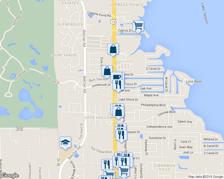 map of restaurants, bars, coffee shops, grocery stores, and more near 36750 U.S. 19 in Tarpon Springs