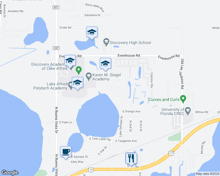 map of restaurants, bars, coffee shops, grocery stores, and more near 1180 Maplebrook Drive in Lake Alfred