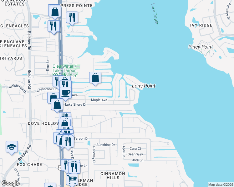map of restaurants, bars, coffee shops, grocery stores, and more near 263 Maple Avenue in Palm Harbor