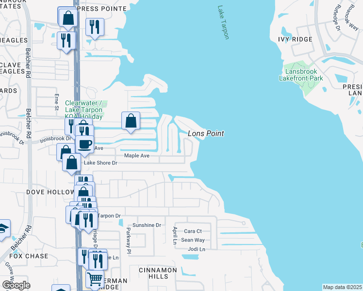 map of restaurants, bars, coffee shops, grocery stores, and more near 176 Maple Avenue in Palm Harbor