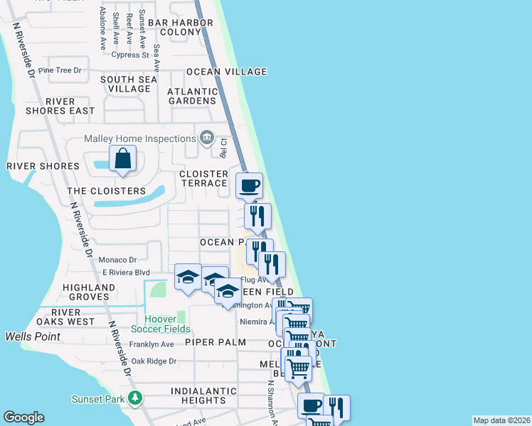 map of restaurants, bars, coffee shops, grocery stores, and more near 1315 North Miramar Avenue in Indialantic