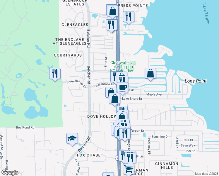 map of restaurants, bars, coffee shops, grocery stores, and more near 2400 Clubside Court in Palm Harbor