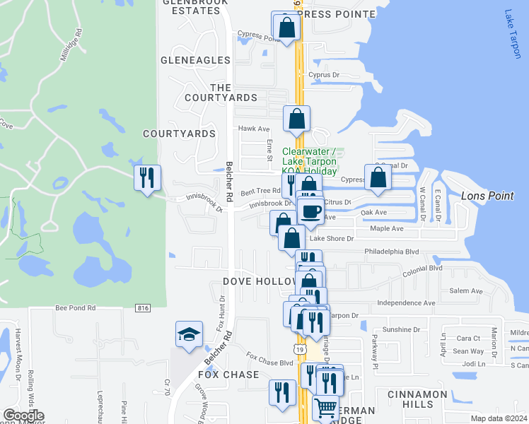 map of restaurants, bars, coffee shops, grocery stores, and more near 2401 Clubside Court in Palm Harbor