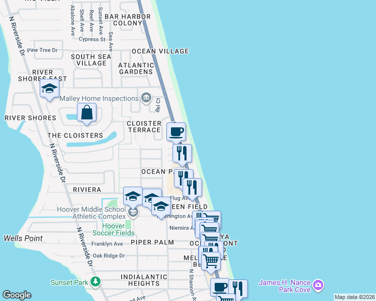 map of restaurants, bars, coffee shops, grocery stores, and more near 1315 North Miramar Avenue in Indialantic