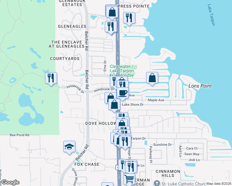 map of restaurants, bars, coffee shops, grocery stores, and more near 2471 Clubside Court in Palm Harbor