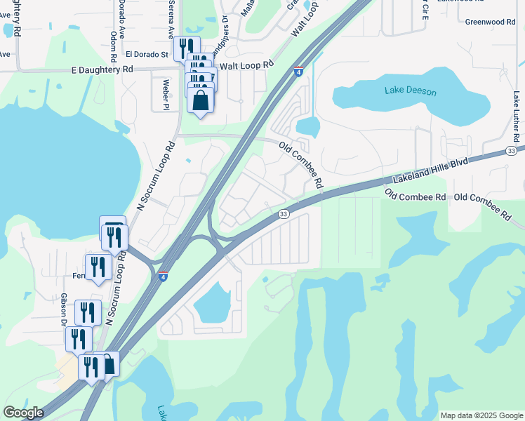 map of restaurants, bars, coffee shops, grocery stores, and more near Arbor Glen Circle in Lakeland