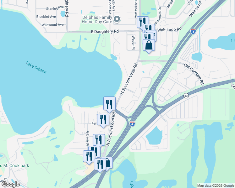 map of restaurants, bars, coffee shops, grocery stores, and more near 5018 County Road 582 in Lakeland