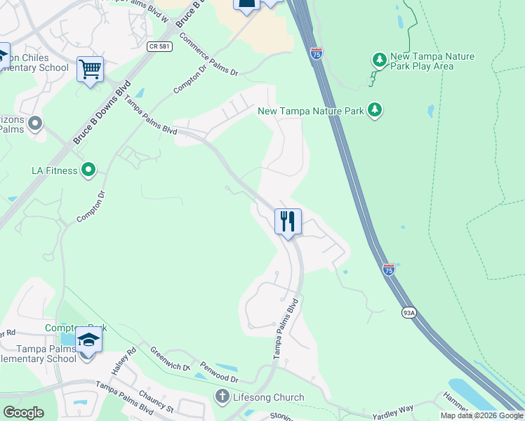 map of restaurants, bars, coffee shops, grocery stores, and more near 7885 Tuscany Woods Drive in Tampa