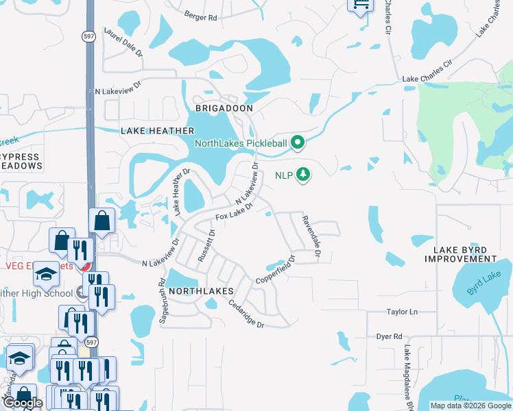 map of restaurants, bars, coffee shops, grocery stores, and more near 3279 Fox Lake Drive in Tampa