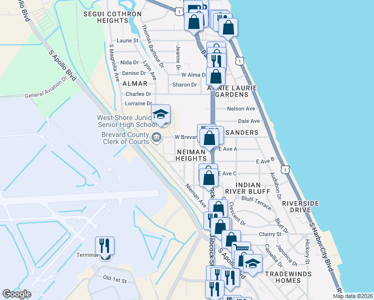 map of restaurants, bars, coffee shops, grocery stores, and more near 104 West Avenue B in Melbourne