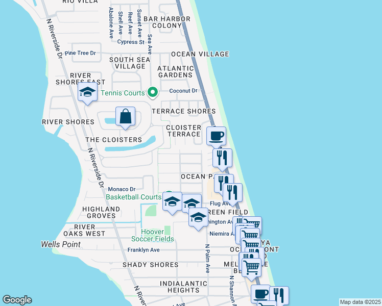 map of restaurants, bars, coffee shops, grocery stores, and more near 189 Ocean Breeze Circle in Indialantic