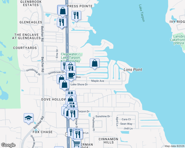 map of restaurants, bars, coffee shops, grocery stores, and more near 43 Citrus Drive in Palm Harbor
