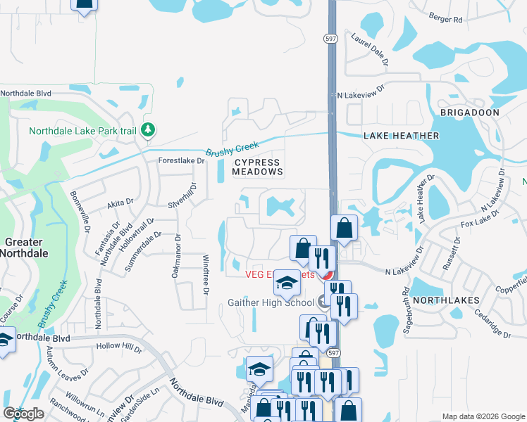 map of restaurants, bars, coffee shops, grocery stores, and more near 3612 Carrollwood Place Circle in Greater Northdale